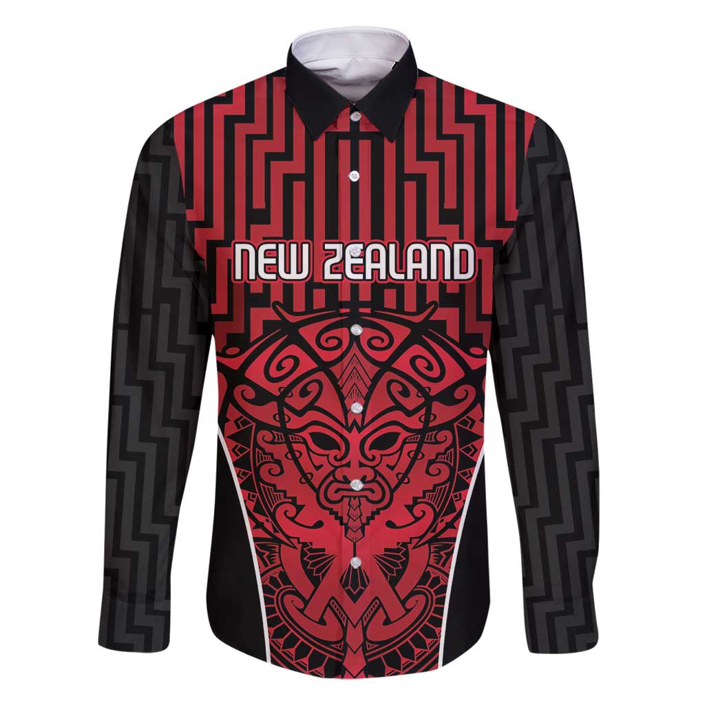 Custom Basketball New Zealand Family Matching Mermaid Dress and Hawaiian Shirt Red Maori Ta Moko Indigenous LT9 Dad's Shirt - Long Sleeve Red - Polynesian Pride