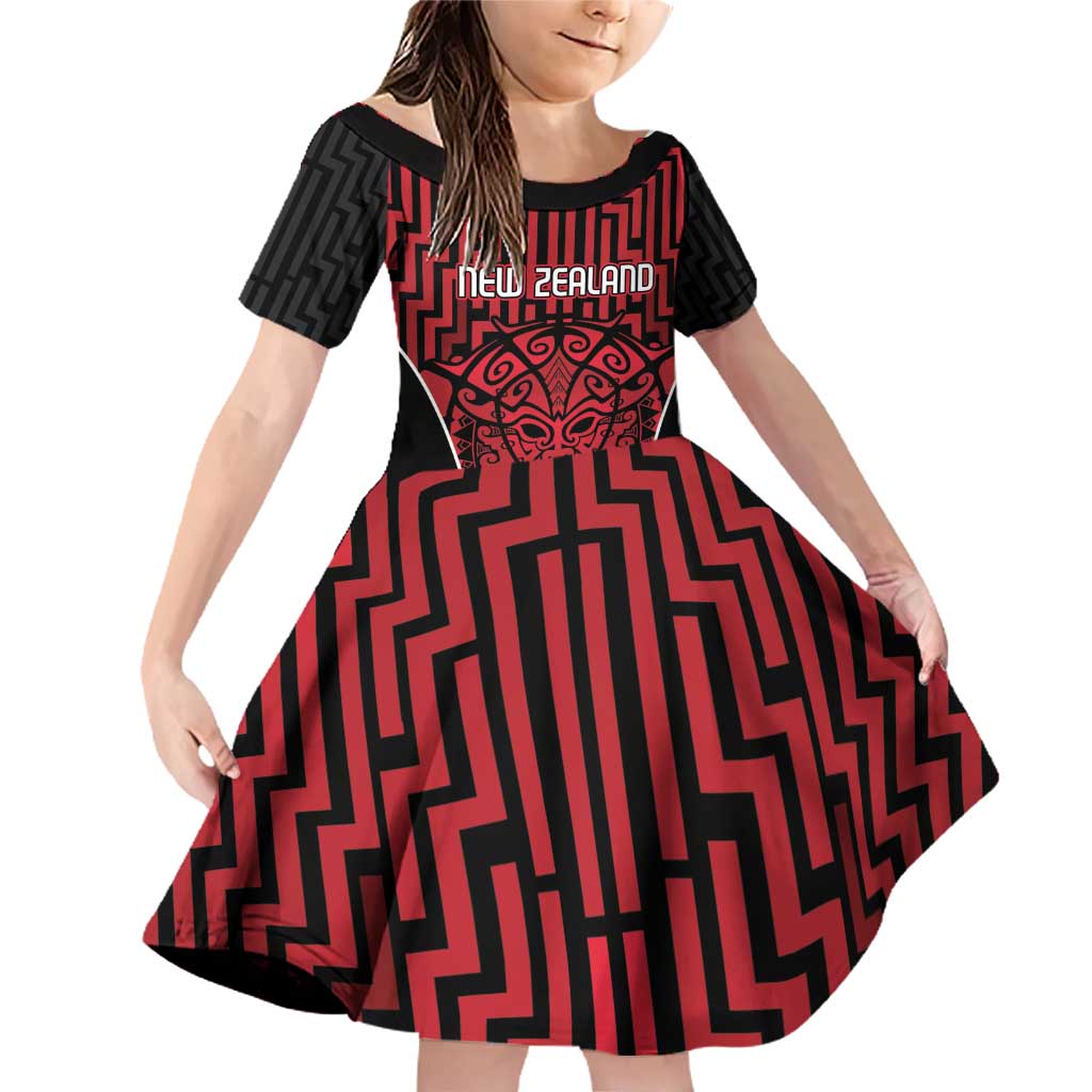 Custom Basketball New Zealand Family Matching Off Shoulder Short Dress and Hawaiian Shirt Red Maori Ta Moko Indigenous - Polynesian Pride