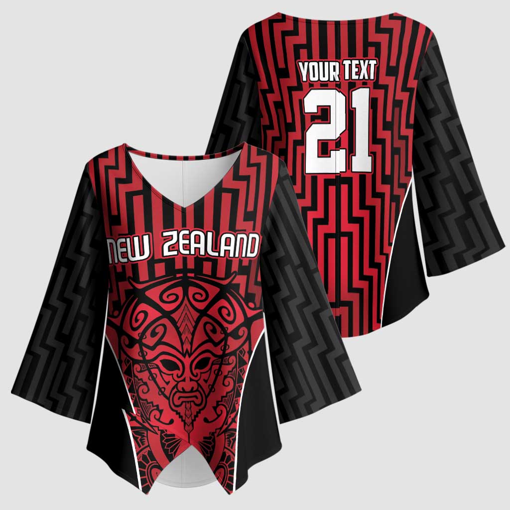 Custom Basketball New Zealand Kimono Sleeve Blouse Red Maori Ta Moko Indigenous LT9 - Polynesian Pride