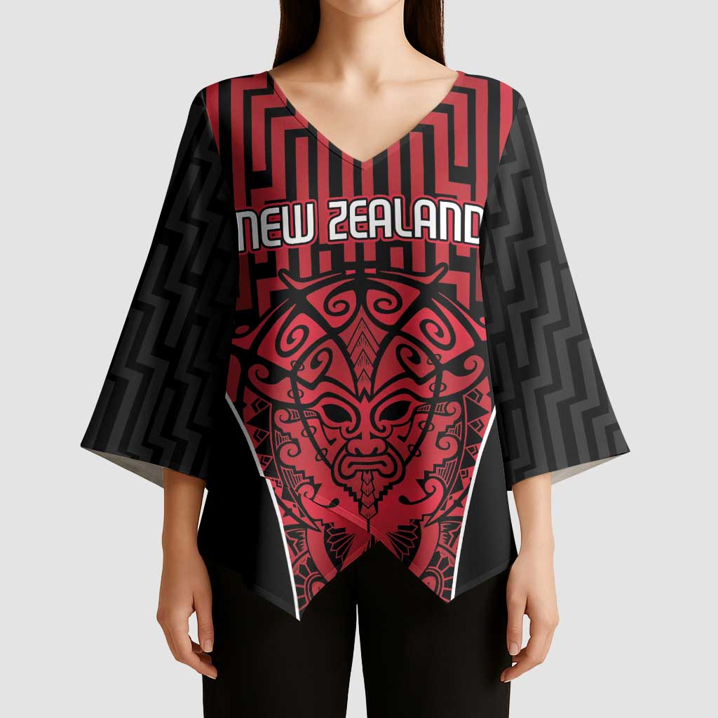 Custom Basketball New Zealand Kimono Sleeve Blouse Red Maori Ta Moko Indigenous LT9 - Polynesian Pride