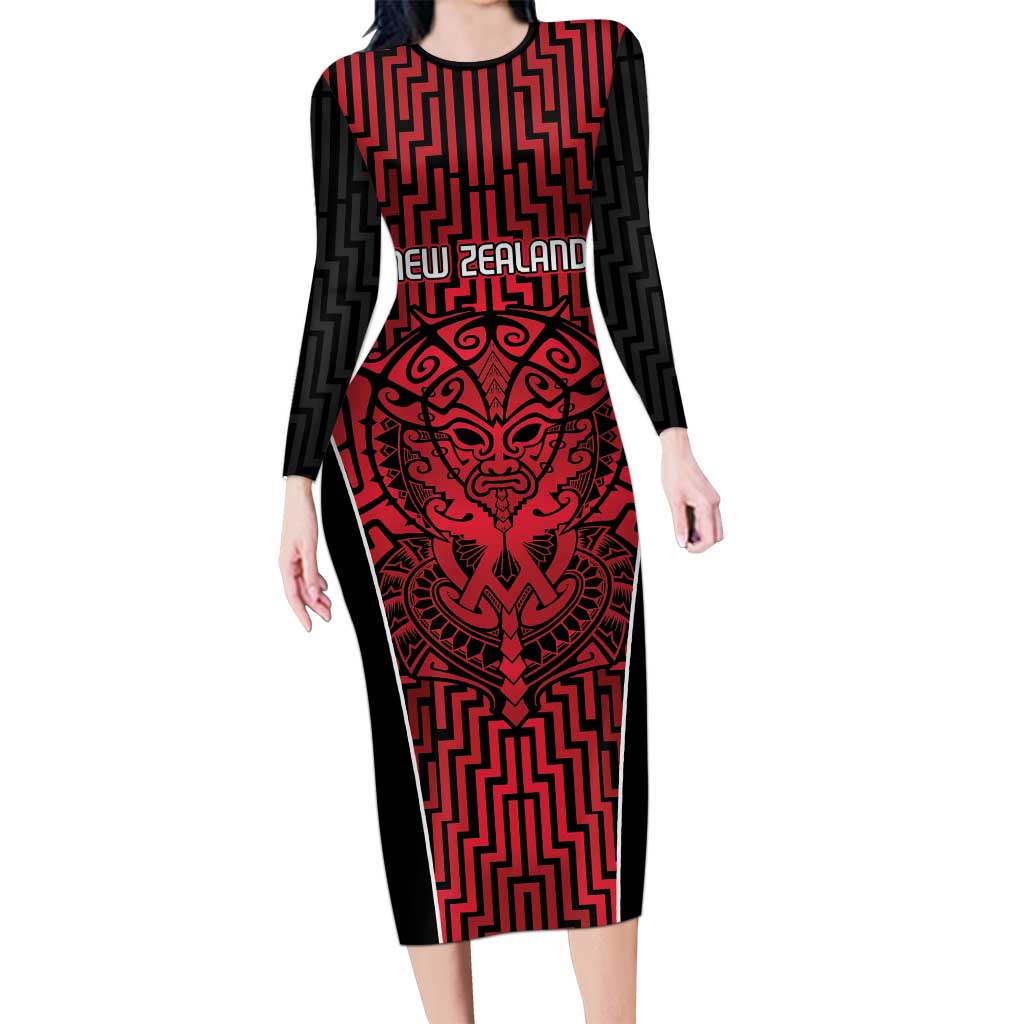 Custom Basketball New Zealand Long Sleeve Bodycon Dress Red Maori Ta Moko Indigenous - Polynesian Pride