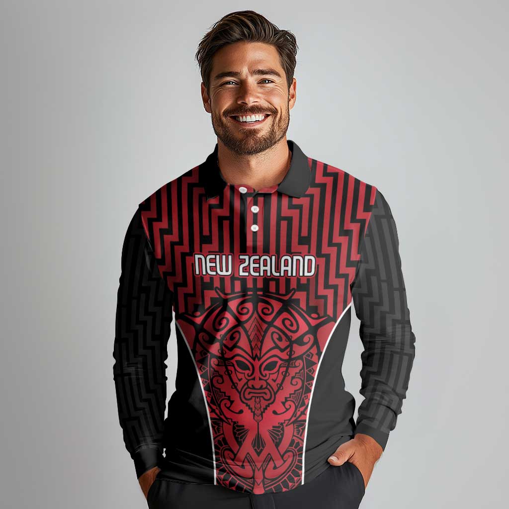 Custom Basketball New Zealand Long Sleeve Polo Shirt Red Maori Ta Moko Indigenous - Polynesian Pride