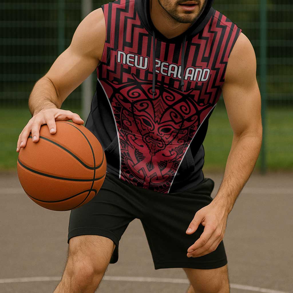 Custom Basketball New Zealand Sleeveless Hoodie Red Maori Ta Moko Indigenous - Polynesian Pride