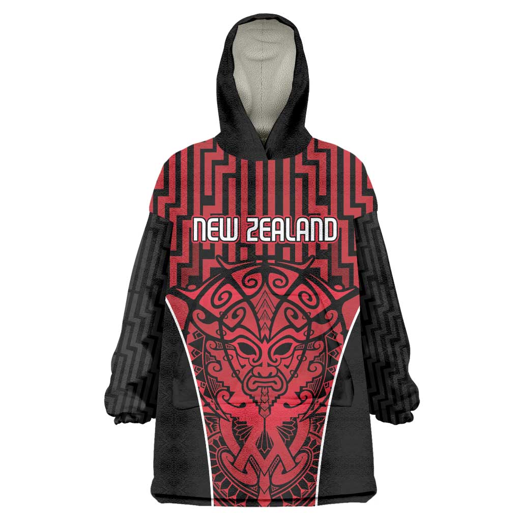Custom Basketball New Zealand Wearable Blanket Hoodie Red Maori Ta Moko Indigenous - Polynesian Pride