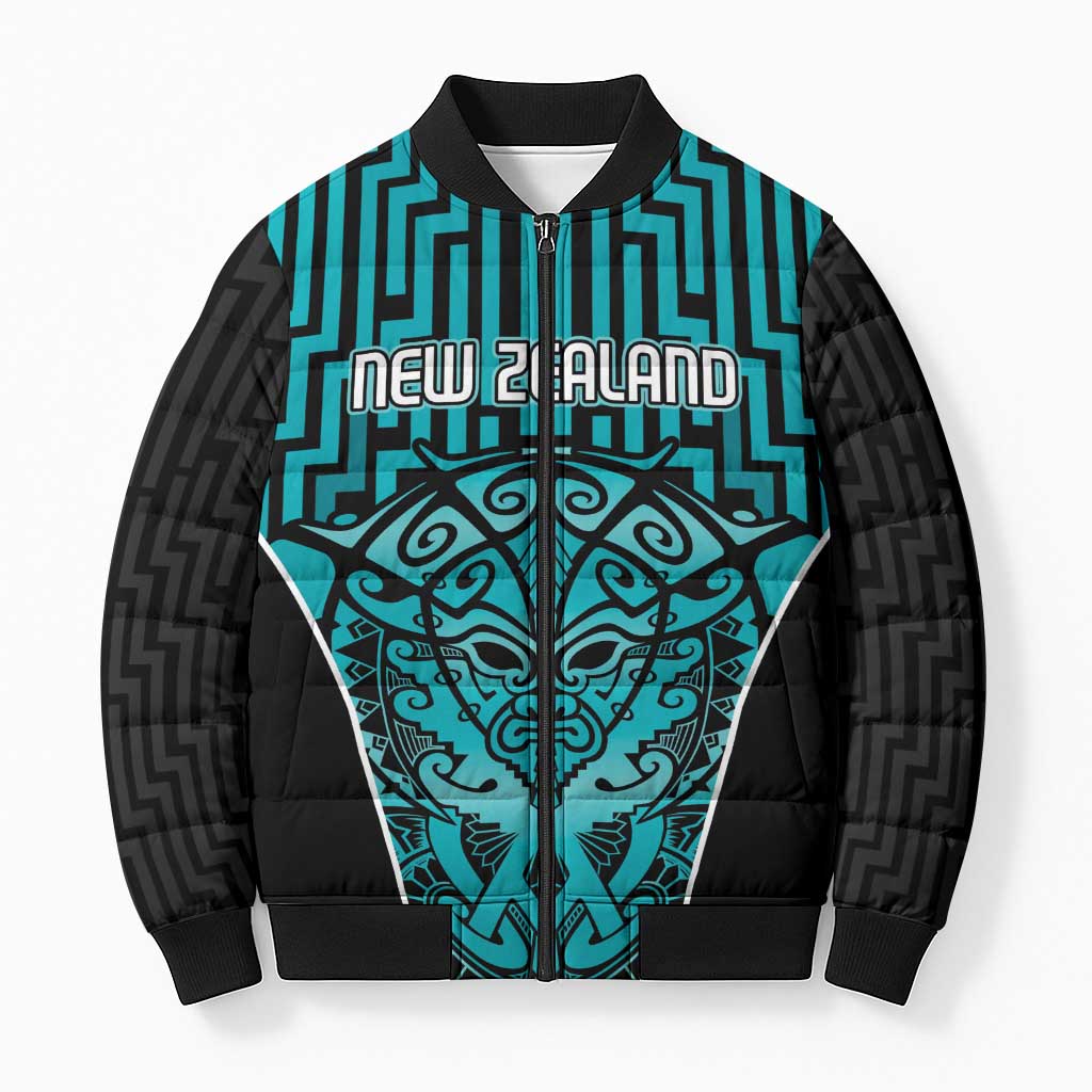 Custom Basketball New Zealand Bomber Puffer Jacket Teal Maori Ta Moko Indigenous - Polynesian Pride