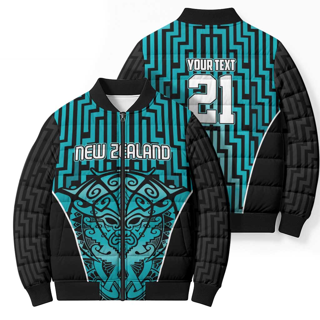 Custom Basketball New Zealand Bomber Puffer Jacket Teal Maori Ta Moko Indigenous - Polynesian Pride