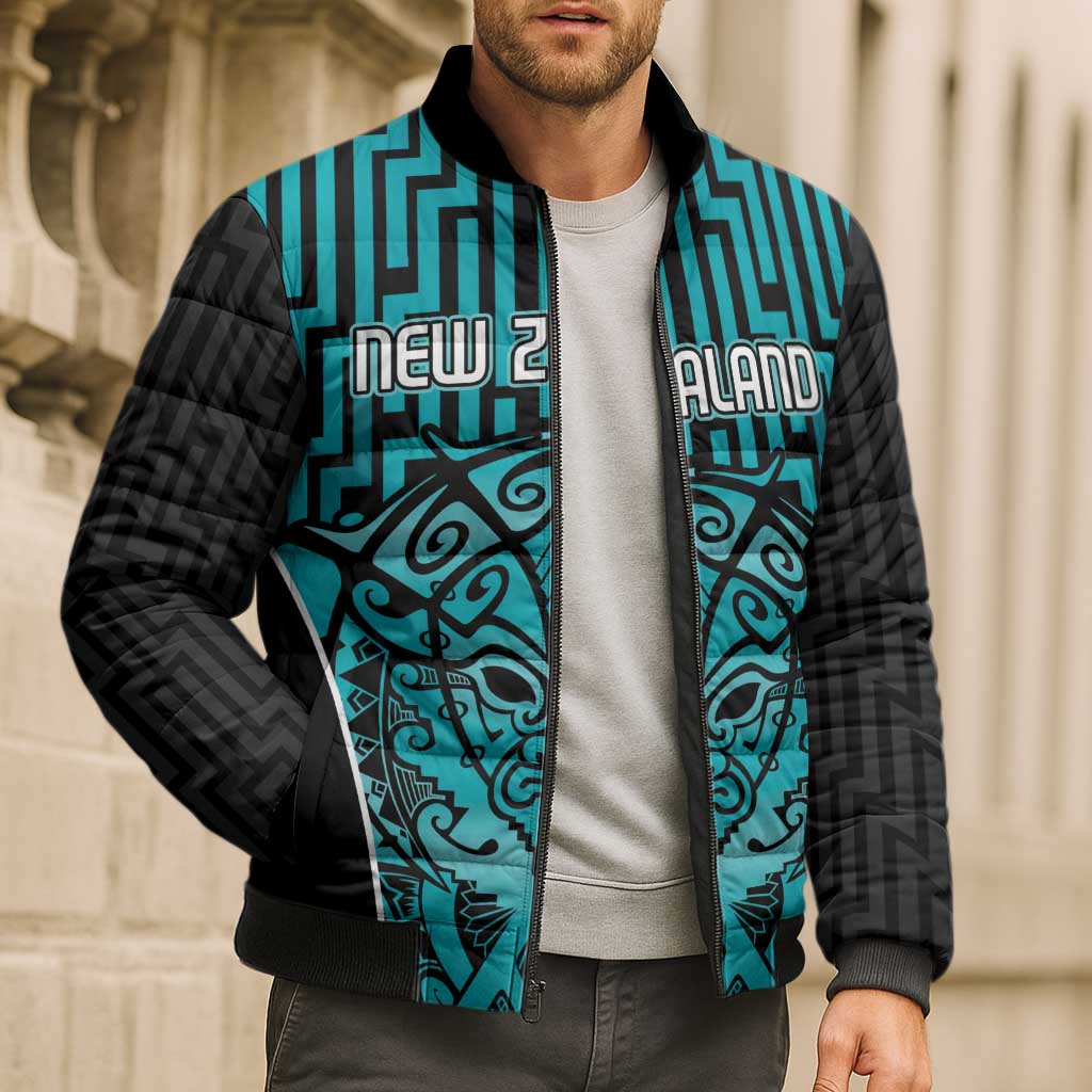 Custom Basketball New Zealand Bomber Puffer Jacket Teal Maori Ta Moko Indigenous - Polynesian Pride