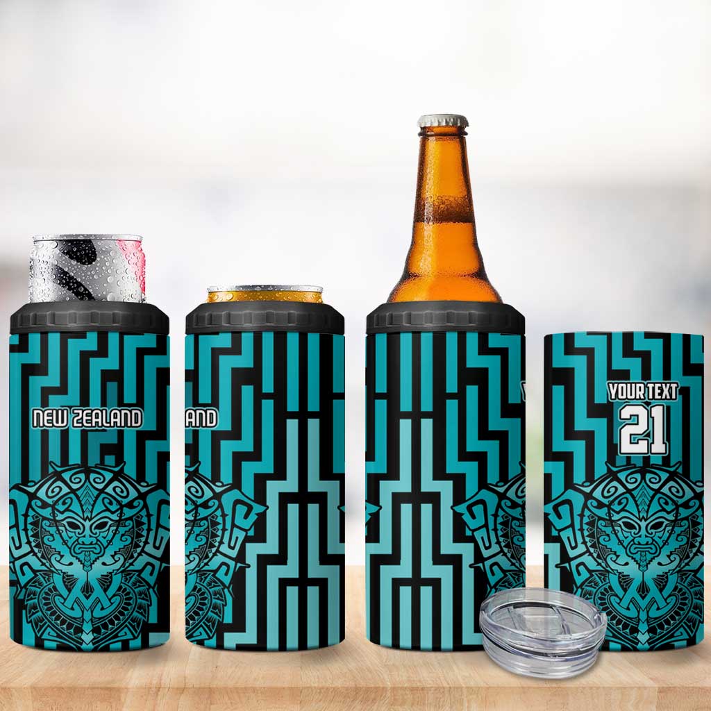 Custom Basketball New Zealand 4 in 1 Can Cooler Tumbler Teal Maori Ta Moko Indigenous - Polynesian Pride