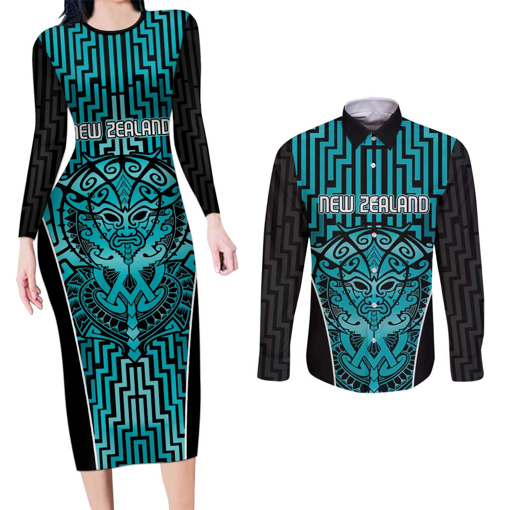 Custom Basketball New Zealand Couples Matching Long Sleeve Bodycon Dress and Long Sleeve Button Shirt Teal Maori Ta Moko Indigenous - Polynesian Pride