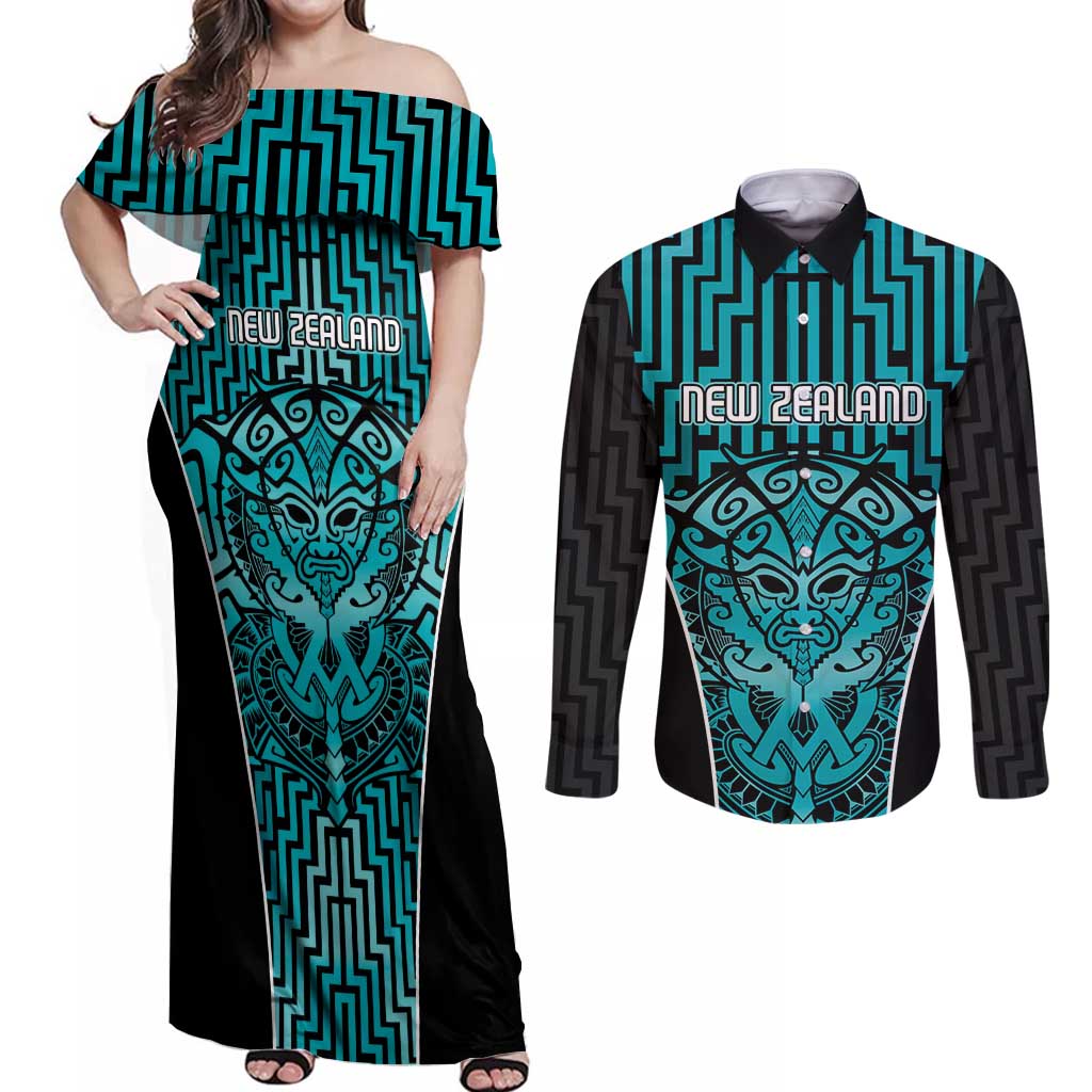 Custom Basketball New Zealand Couples Matching Off Shoulder Maxi Dress and Long Sleeve Button Shirt Teal Maori Ta Moko Indigenous - Polynesian Pride