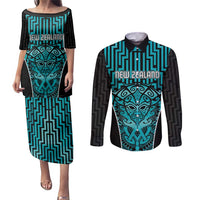 Custom Basketball New Zealand Couples Matching Puletasi and Long Sleeve Button Shirt Teal Maori Ta Moko Indigenous - Polynesian Pride