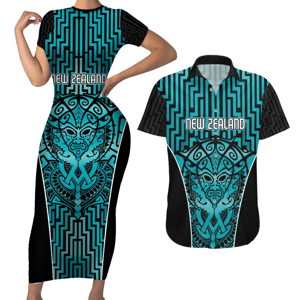 Custom Basketball New Zealand Couples Matching Short Sleeve Bodycon Dress and Hawaiian Shirt Teal Maori Ta Moko Indigenous - Polynesian Pride