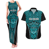 Custom Basketball New Zealand Couples Matching Tank Maxi Dress and Hawaiian Shirt Teal Maori Ta Moko Indigenous - Polynesian Pride