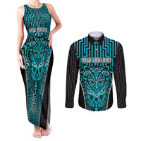 Custom Basketball New Zealand Couples Matching Tank Maxi Dress and Long Sleeve Button Shirt Teal Maori Ta Moko Indigenous - Polynesian Pride