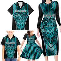 Custom Basketball New Zealand Family Matching Long Sleeve Bodycon Dress and Hawaiian Shirt Teal Maori Ta Moko Indigenous LT9 - Polynesian Pride