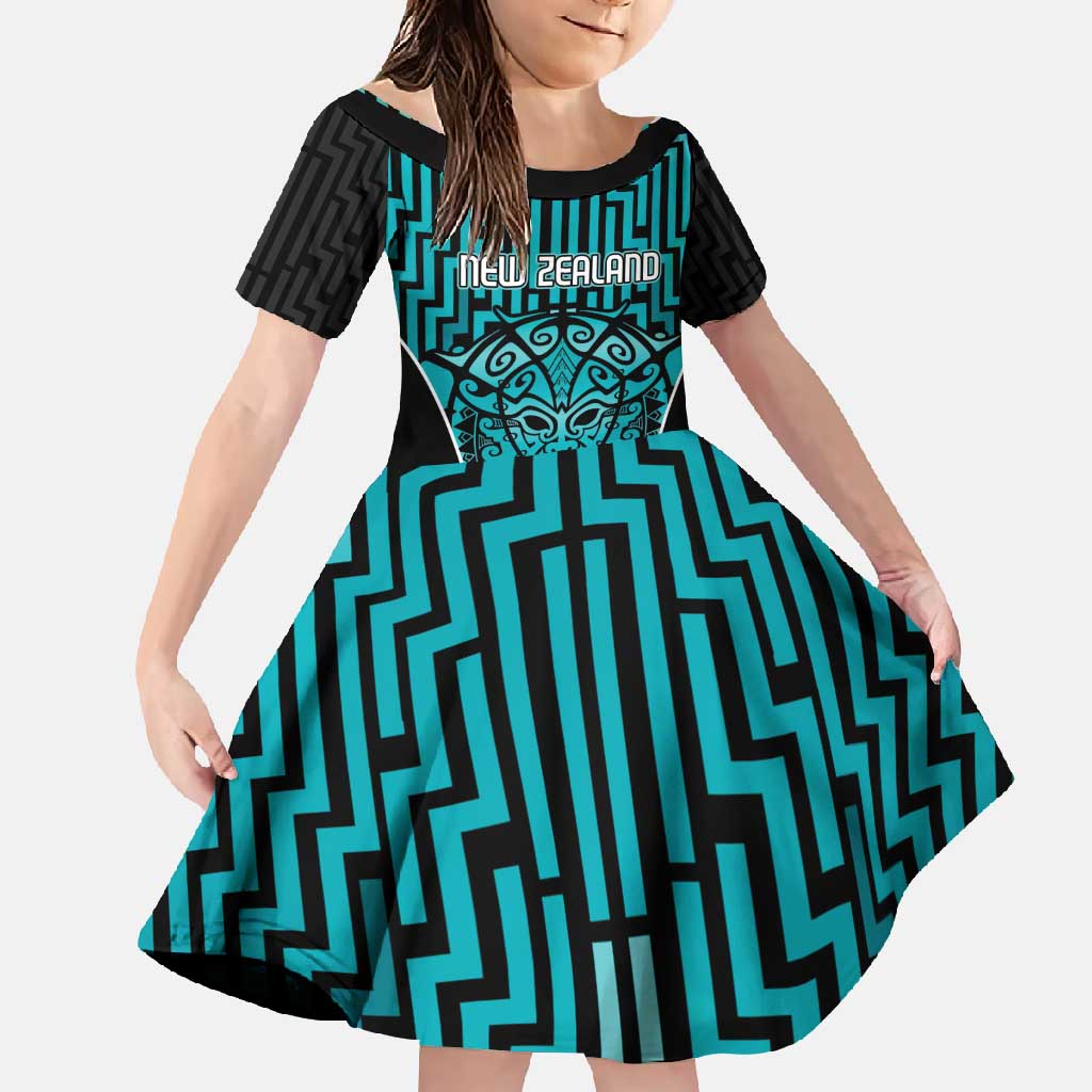 Custom Basketball New Zealand Family Matching Mermaid Dress and Hawaiian Shirt Teal Maori Ta Moko Indigenous LT9 Daughter's Dress Teal - Polynesian Pride