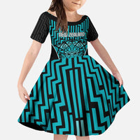Custom Basketball New Zealand Family Matching Mermaid Dress and Hawaiian Shirt Teal Maori Ta Moko Indigenous LT9 Daughter's Dress Teal - Polynesian Pride
