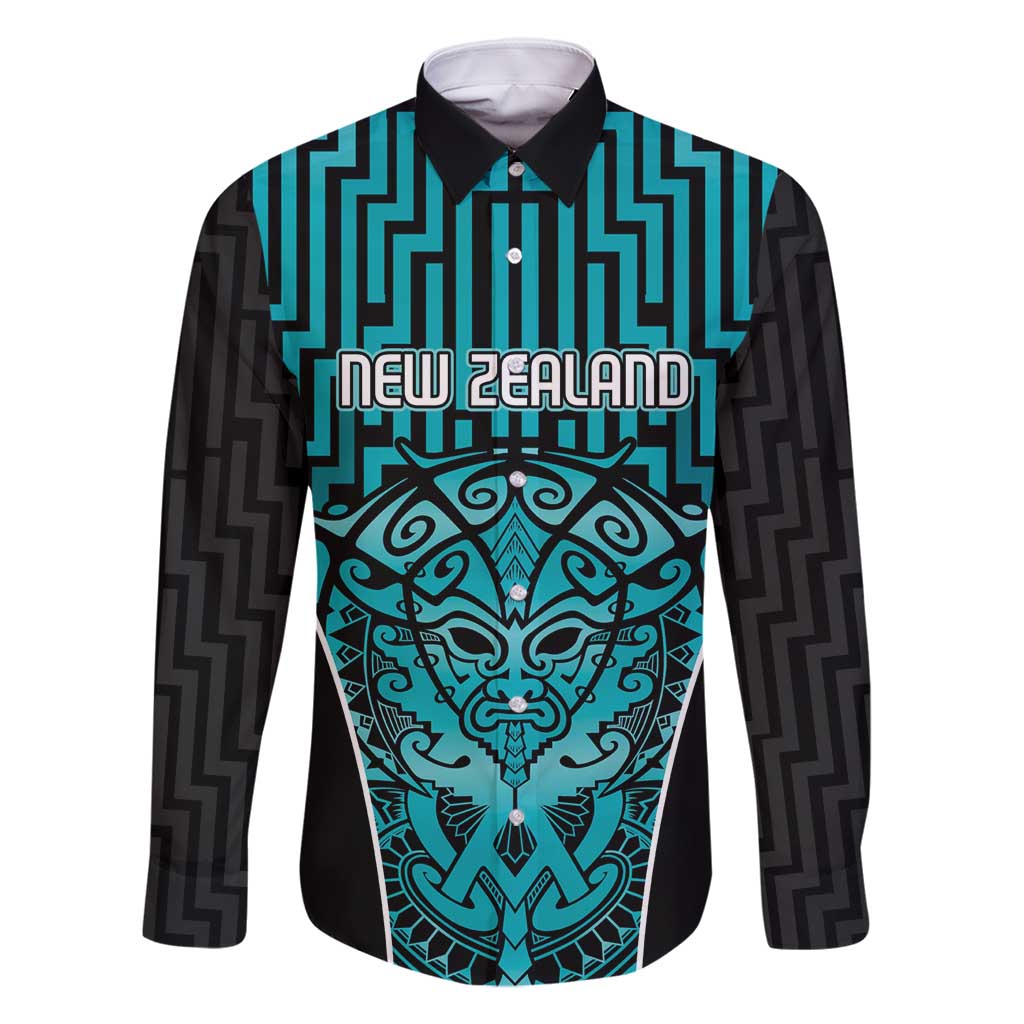Custom Basketball New Zealand Family Matching Mermaid Dress and Hawaiian Shirt Teal Maori Ta Moko Indigenous LT9 Dad's Shirt - Long Sleeve Teal - Polynesian Pride