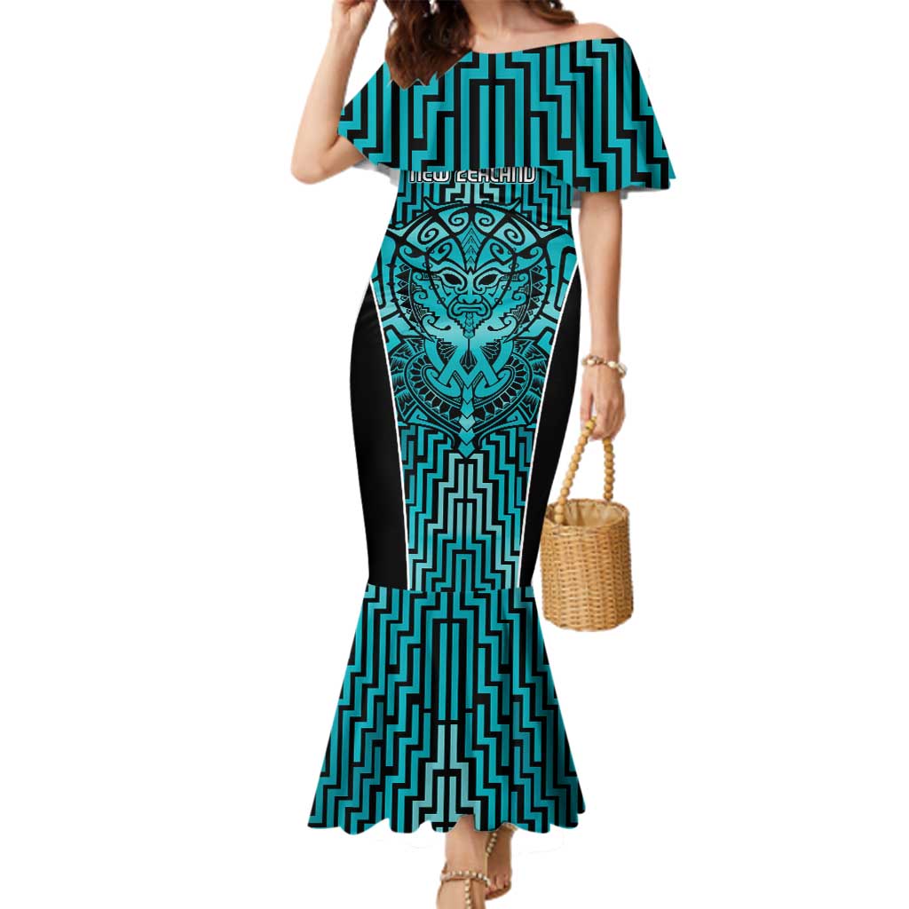 Custom Basketball New Zealand Family Matching Mermaid Dress and Hawaiian Shirt Teal Maori Ta Moko Indigenous LT9 Mom's Dress Teal - Polynesian Pride