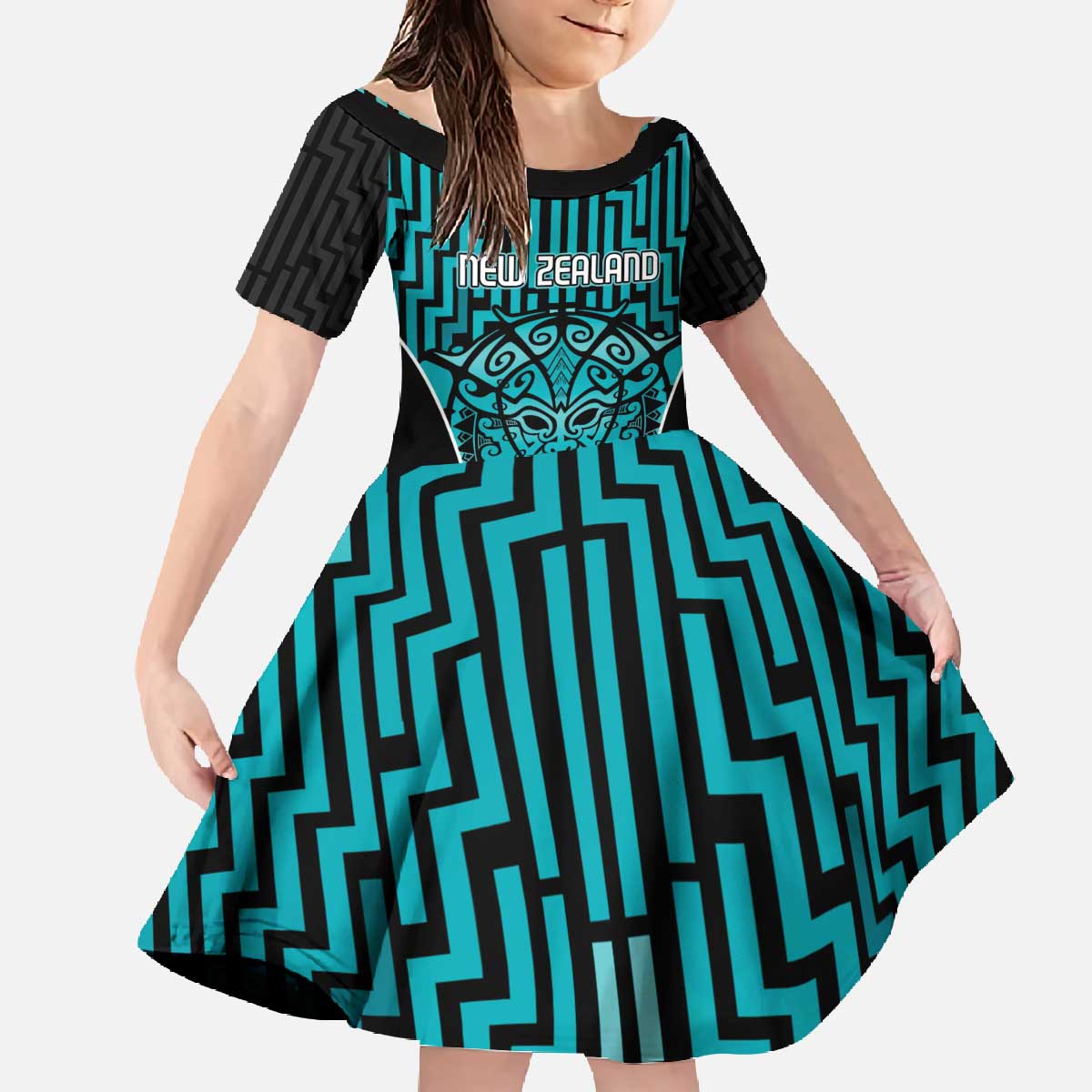 Custom Basketball New Zealand Family Matching Off The Shoulder Long Sleeve Dress and Hawaiian Shirt Teal Maori Ta Moko Indigenous - Polynesian Pride