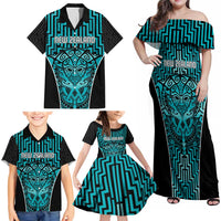 Custom Basketball New Zealand Family Matching Off Shoulder Maxi Dress and Hawaiian Shirt Teal Maori Ta Moko Indigenous - Polynesian Pride
