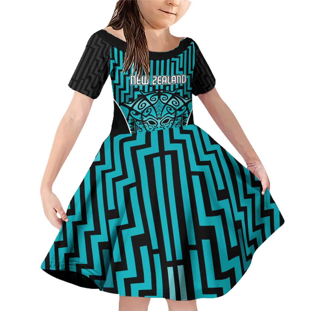 Custom Basketball New Zealand Family Matching Off Shoulder Short Dress and Hawaiian Shirt Teal Maori Ta Moko Indigenous - Polynesian Pride