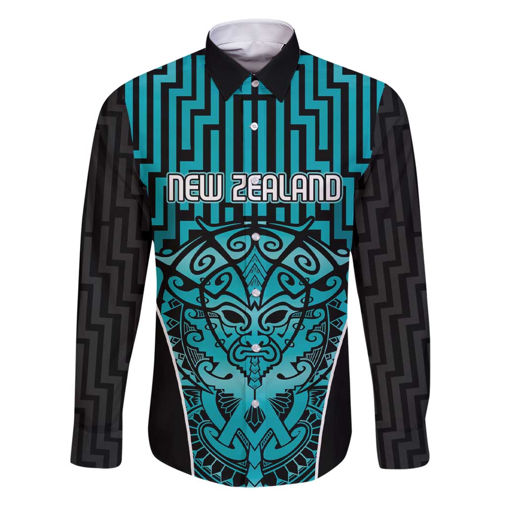 Custom Basketball New Zealand Family Matching Short Sleeve Bodycon Dress and Hawaiian Shirt Teal Maori Ta Moko Indigenous LT9 Dad's Shirt - Long Sleeve Teal - Polynesian Pride