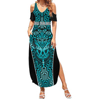 Custom Basketball New Zealand Family Matching Summer Maxi Dress and Hawaiian Shirt Teal Maori Ta Moko Indigenous - Polynesian Pride