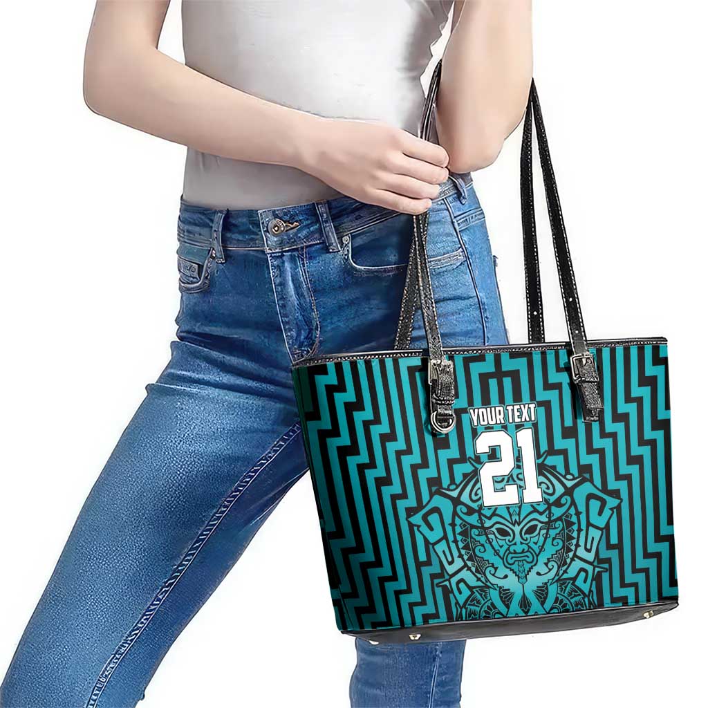 Custom Basketball New Zealand Leather Tote Bag Teal Maori Ta Moko Indigenous - Polynesian Pride