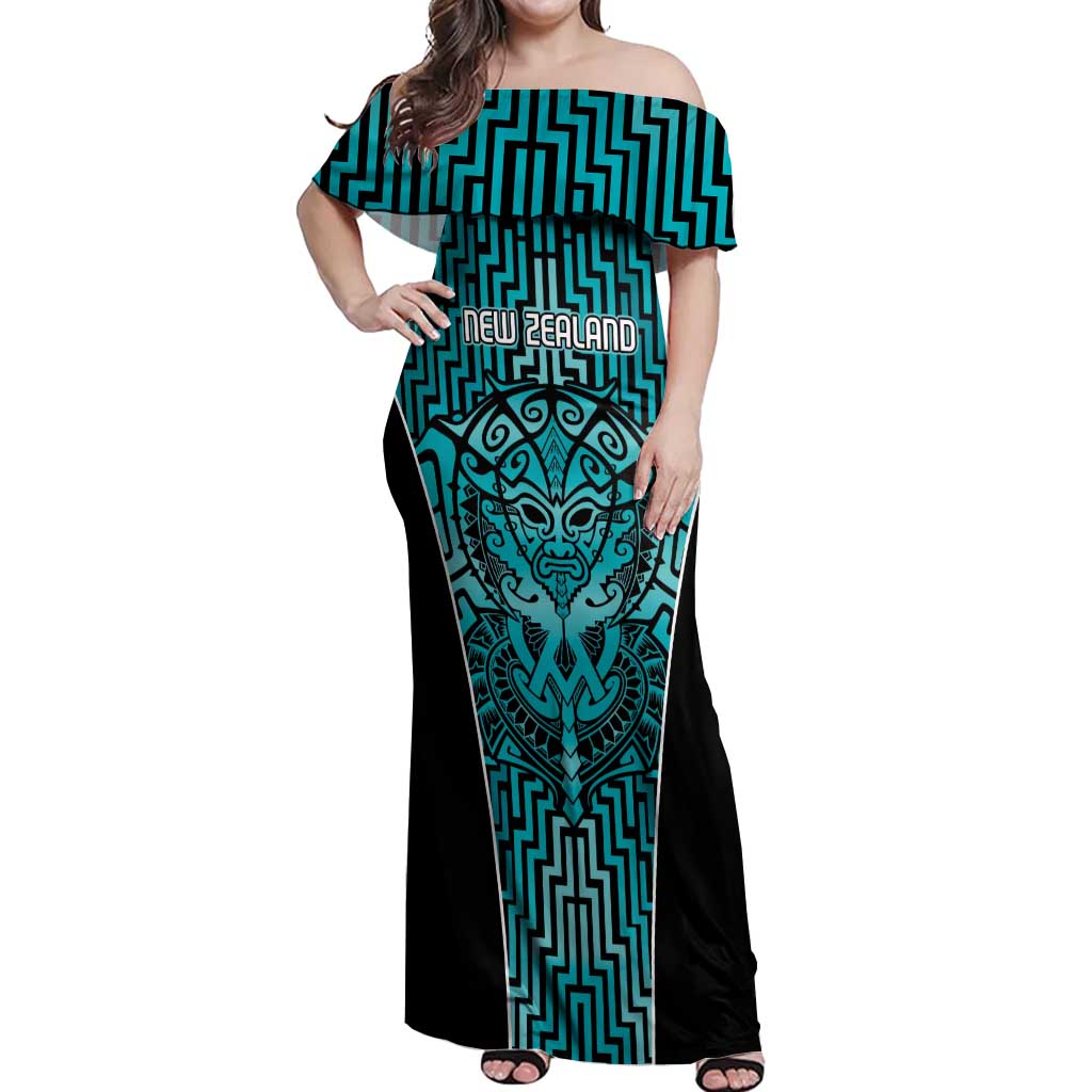 Custom Basketball New Zealand Off Shoulder Maxi Dress Teal Maori Ta Moko Indigenous - Polynesian Pride