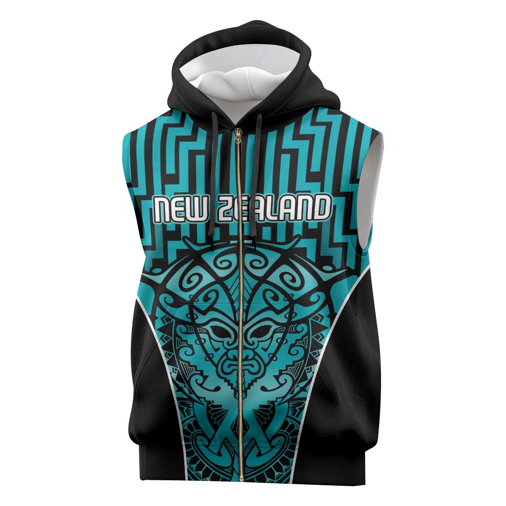 Custom Basketball New Zealand Sleeveless Zip Hoodie Teal Maori Ta Moko Indigenous - Polynesian Pride