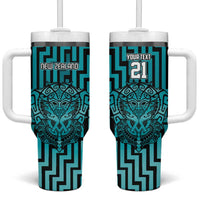 Custom Basketball New Zealand Tumbler With Handle Teal Maori Ta Moko Indigenous - Polynesian Pride