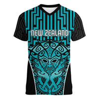 Custom Basketball New Zealand Women V-Neck T-Shirt Teal Maori Ta Moko Indigenous - Polynesian Pride