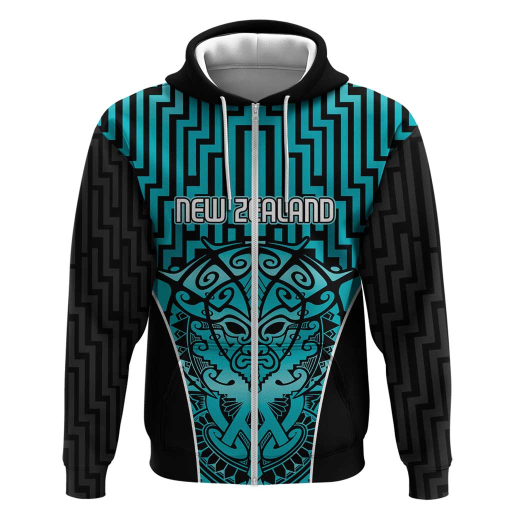 Custom Basketball New Zealand Zip Hoodie Teal Maori Ta Moko Indigenous - Polynesian Pride