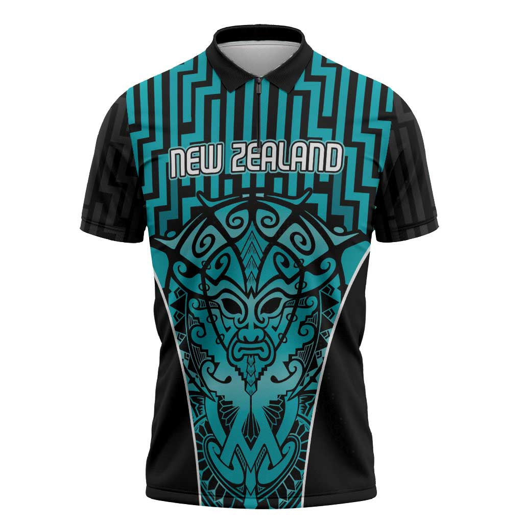 Custom Basketball New Zealand Zipper Polo Shirt Teal Maori Ta Moko Indigenous - Polynesian Pride