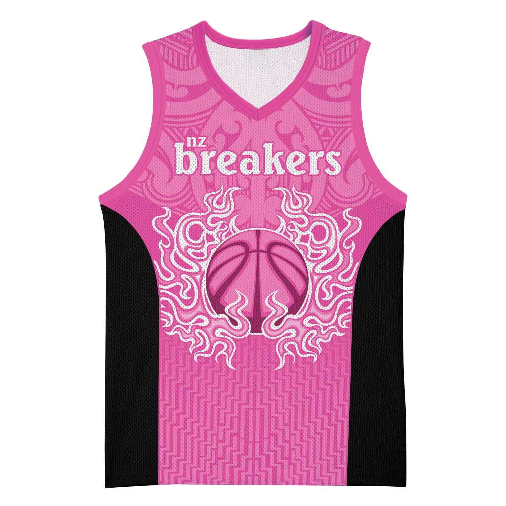 New Zealand Custom Basketball Jersey Fire Basketball Maori Tribal Pink - Polynesian Pride