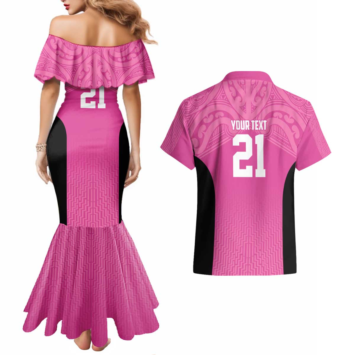 New Zealand Custom Couples Matching Mermaid Dress and Hawaiian Shirt Fire Basketball Maori Tribal Pink - Polynesian Pride