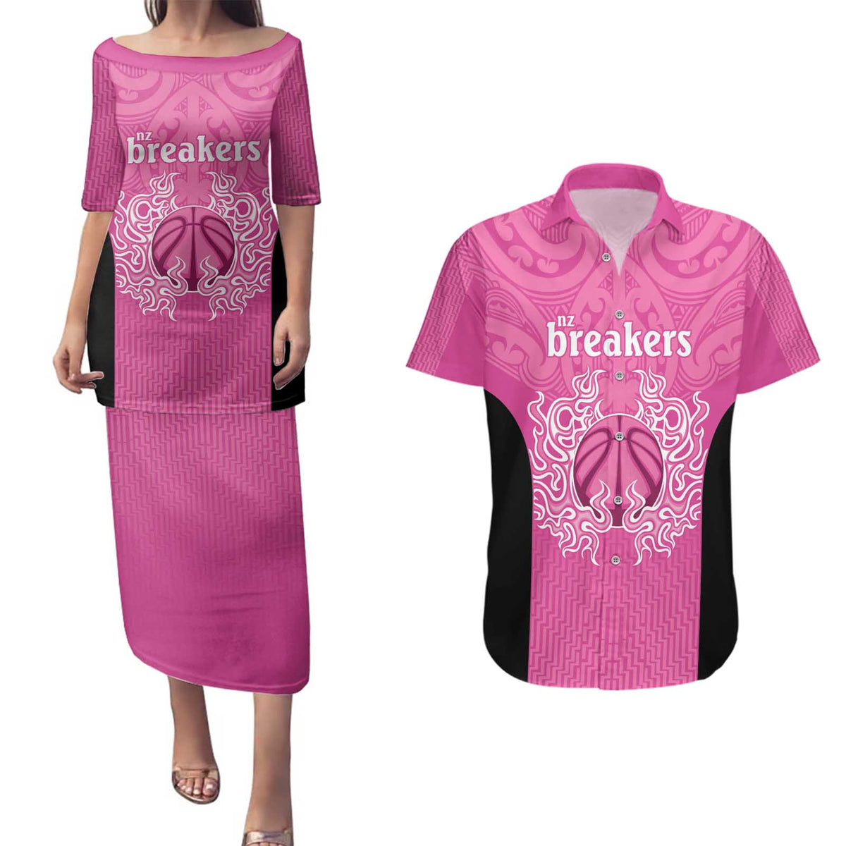 New Zealand Custom Couples Matching Puletasi and Hawaiian Shirt Fire Basketball Maori Tribal Pink - Polynesian Pride