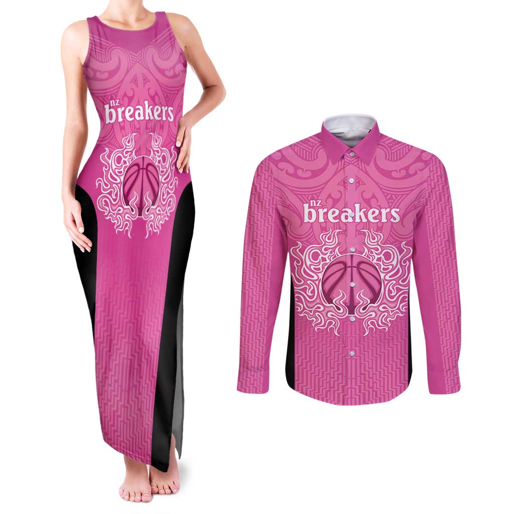 New Zealand Custom Couples Matching Tank Maxi Dress and Long Sleeve Button Shirt Fire Basketball Maori Tribal Pink - Polynesian Pride