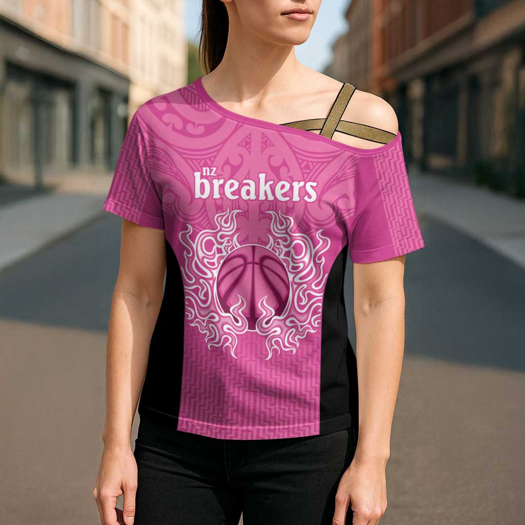 New Zealand Custom Cross Shoulder Shirt Fire Basketball Maori Tribal Pink - Polynesian Pride