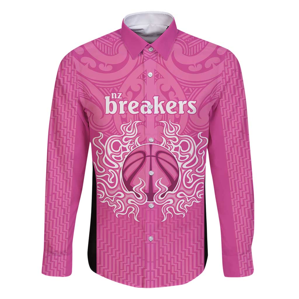 New Zealand Custom Family Matching Long Sleeve Bodycon Dress and Hawaiian Shirt Fire Basketball Maori Tribal Pink LT9 Dad's Shirt - Long Sleeve Pink - Polynesian Pride