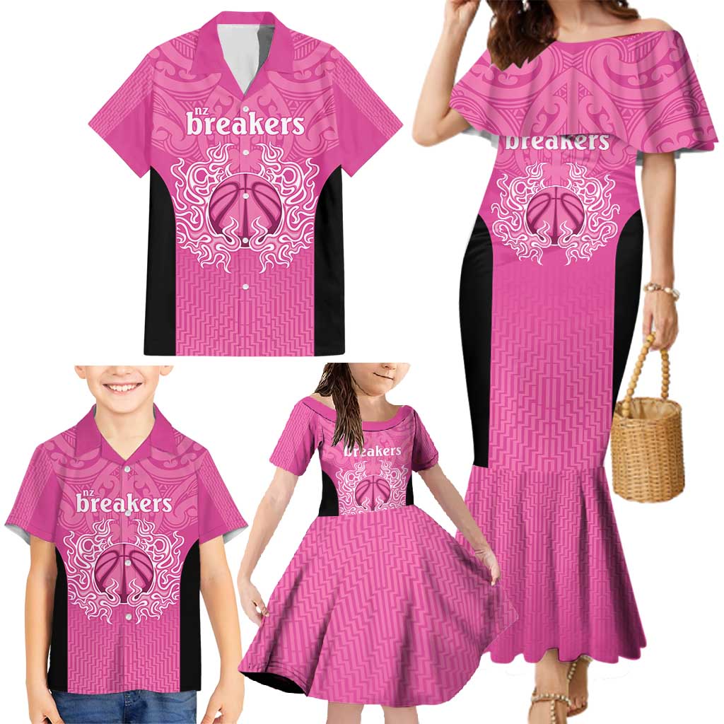 New Zealand Custom Family Matching Mermaid Dress and Hawaiian Shirt Fire Basketball Maori Tribal Pink LT9 - Polynesian Pride