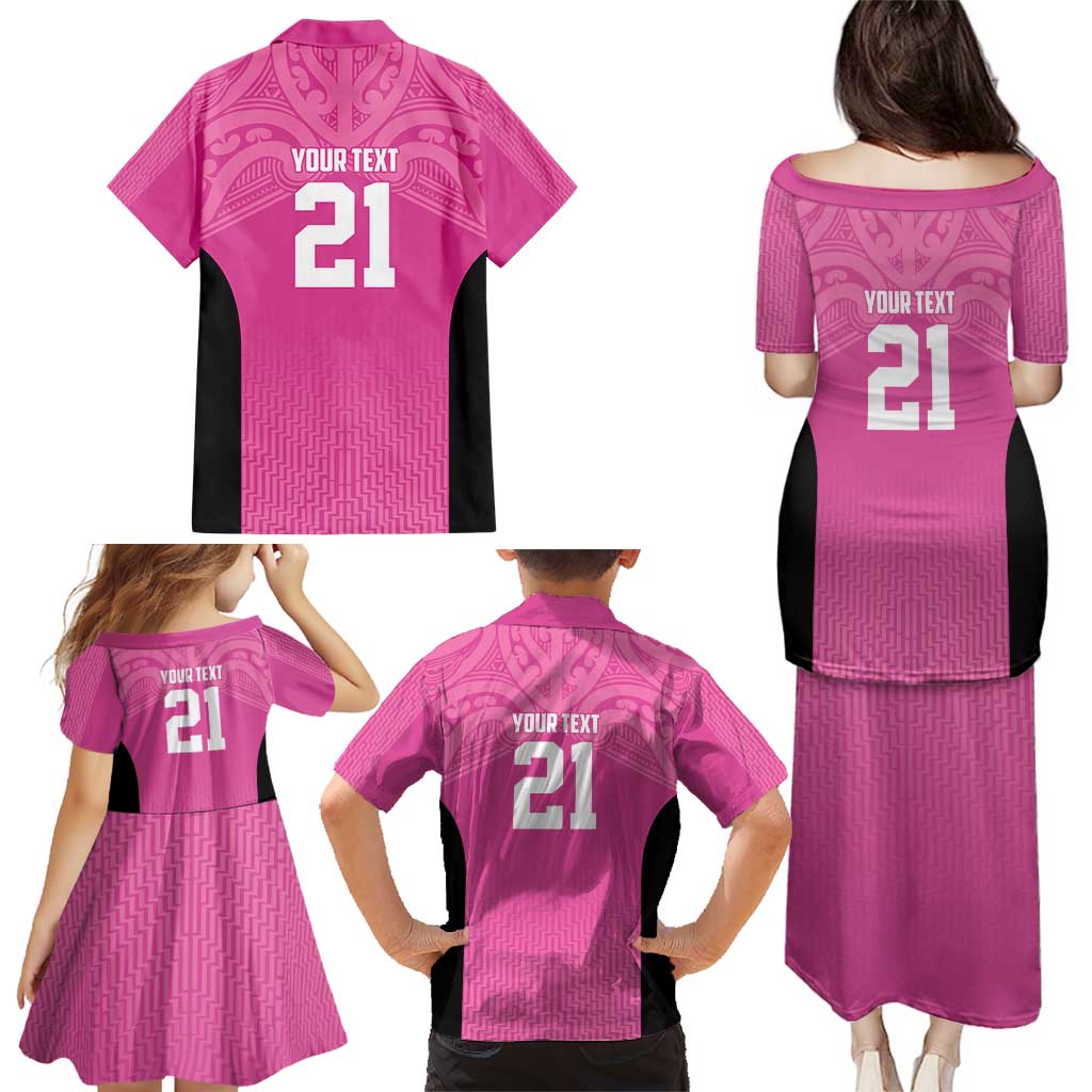 New Zealand Custom Family Matching Puletasi and Hawaiian Shirt Fire Basketball Maori Tribal Pink - Polynesian Pride