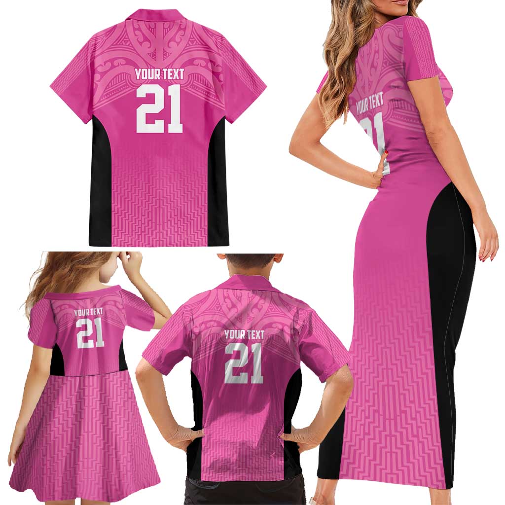 New Zealand Custom Family Matching Short Sleeve Bodycon Dress and Hawaiian Shirt Fire Basketball Maori Tribal Pink LT9 - Polynesian Pride