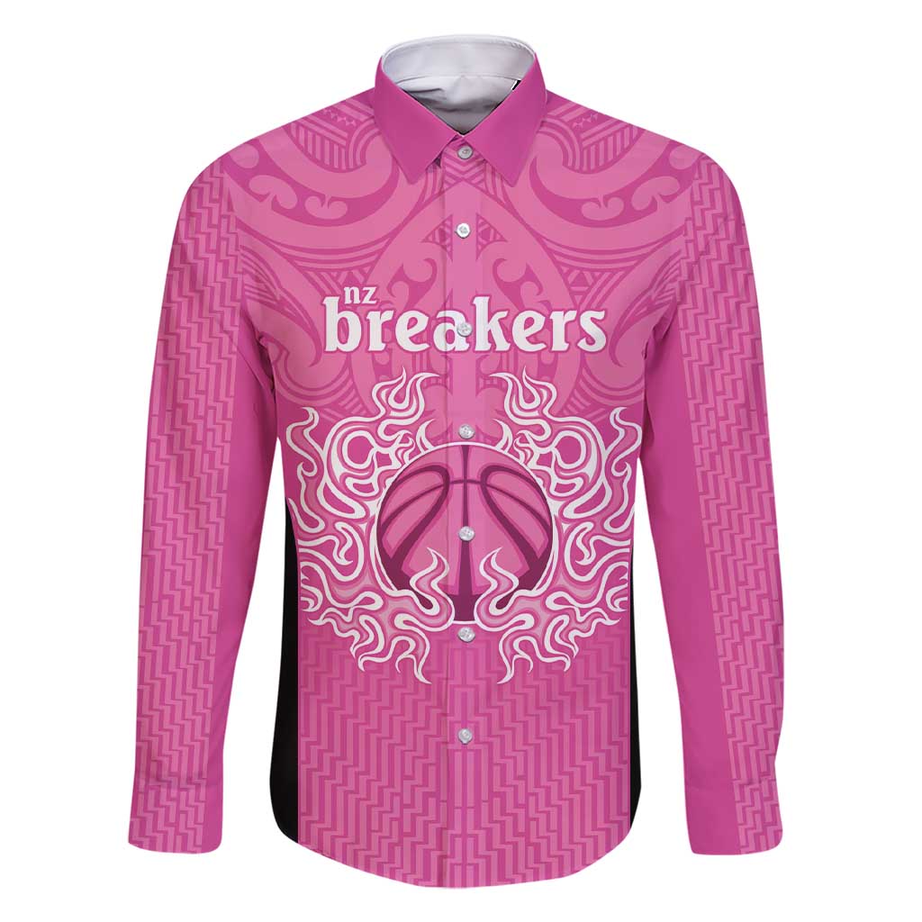 New Zealand Custom Family Matching Short Sleeve Bodycon Dress and Hawaiian Shirt Fire Basketball Maori Tribal Pink LT9 Dad's Shirt - Long Sleeve Pink - Polynesian Pride
