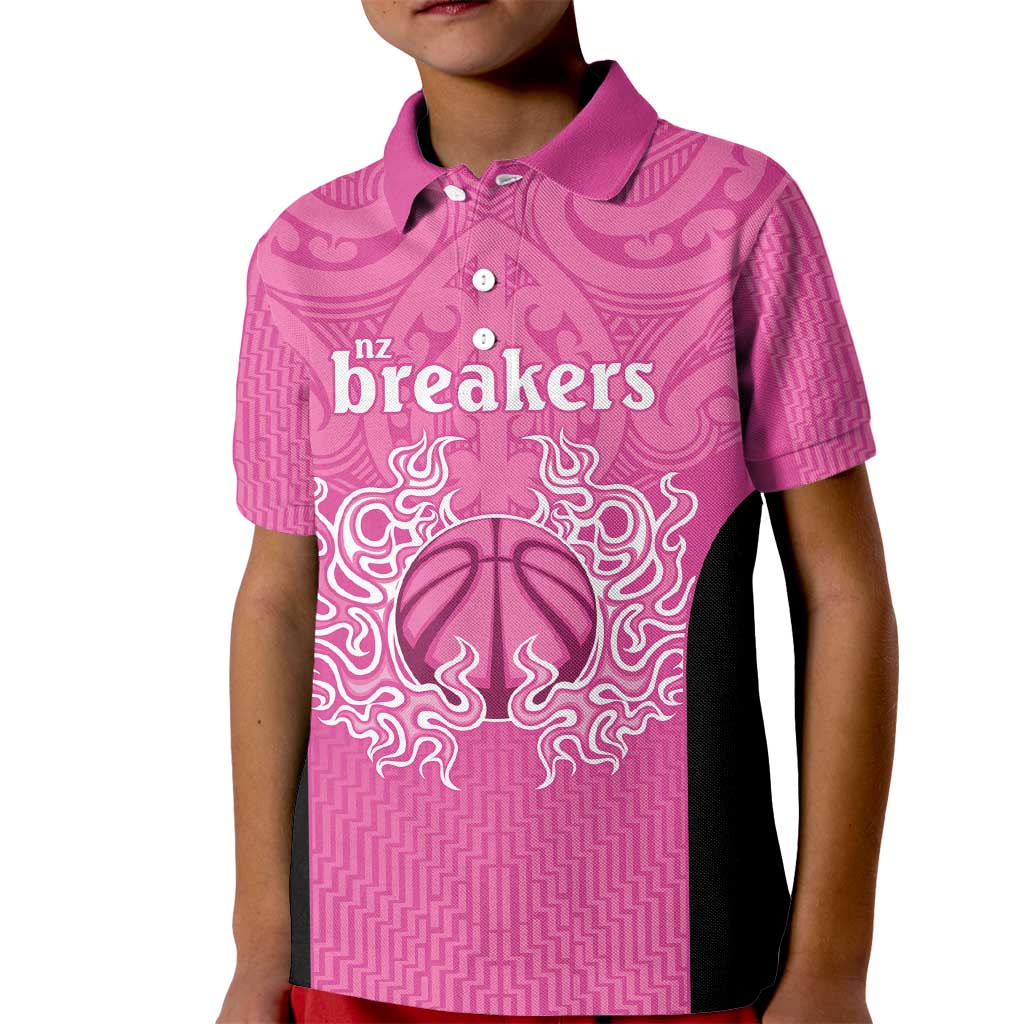 New Zealand Custom Kid Polo Shirt Fire Basketball Maori Tribal Pink - Polynesian Pride