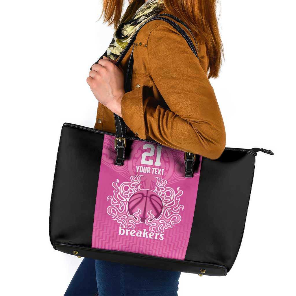 New Zealand Custom Leather Tote Bag Fire Basketball Maori Tribal Pink - Polynesian Pride