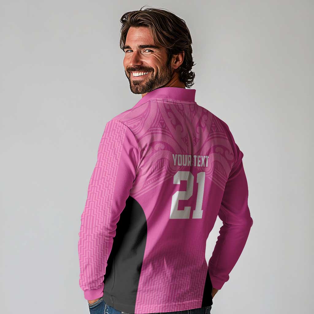 New Zealand Custom Long Sleeve Polo Shirt Fire Basketball Maori Tribal Pink - Polynesian Pride