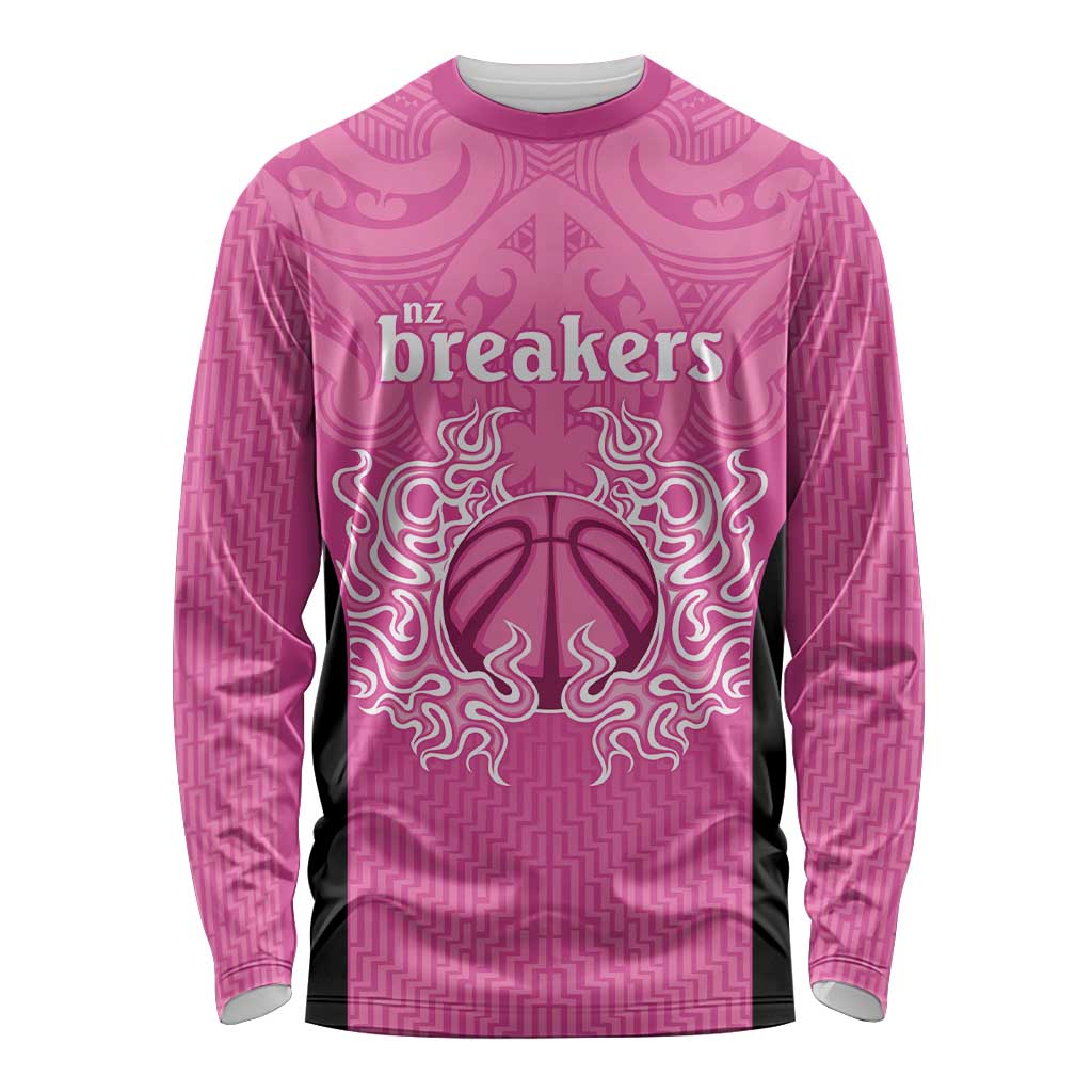 New Zealand Custom Long Sleeve Shirt Fire Basketball Maori Tribal Pink - Polynesian Pride