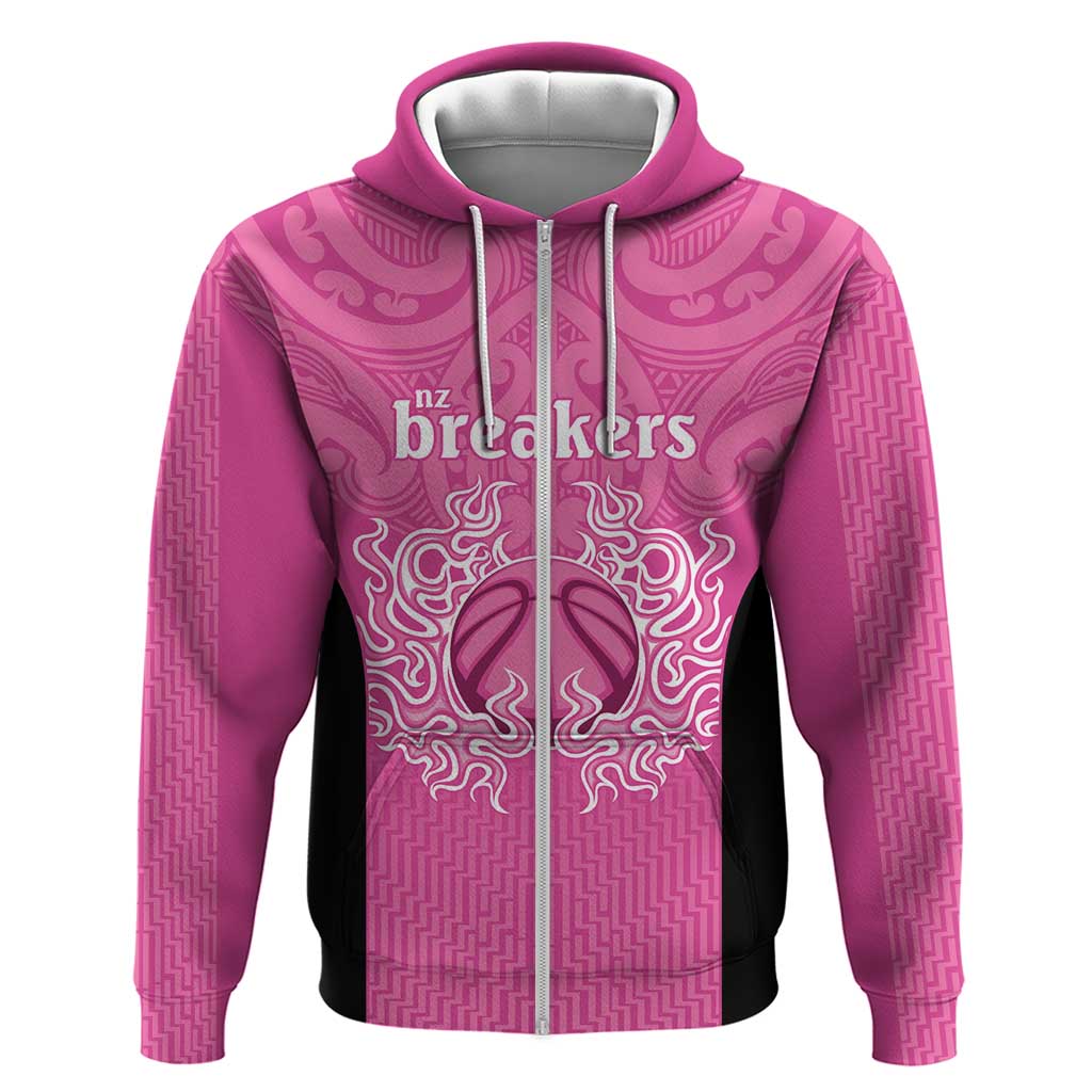 New Zealand Custom Zip Hoodie Fire Basketball Maori Tribal Pink - Polynesian Pride